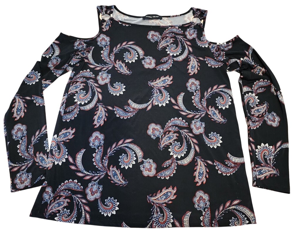 Ivanka Trump Blouse Paisley Cold Shoulder Black Long Sleeve Top Shirt